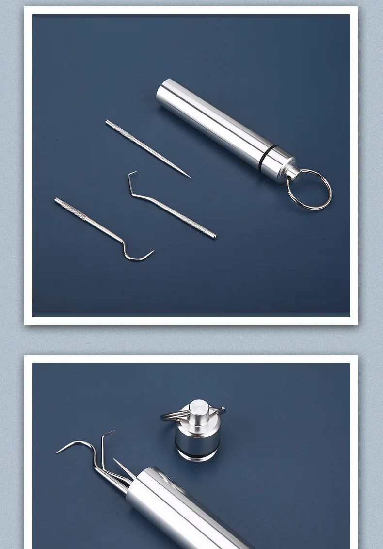 Stainless Steel Toothpicks Pocket Set, Portable Floss Pick Reusable Metal Toothpicks Tooth Cleaning Kit With Keychain Holder